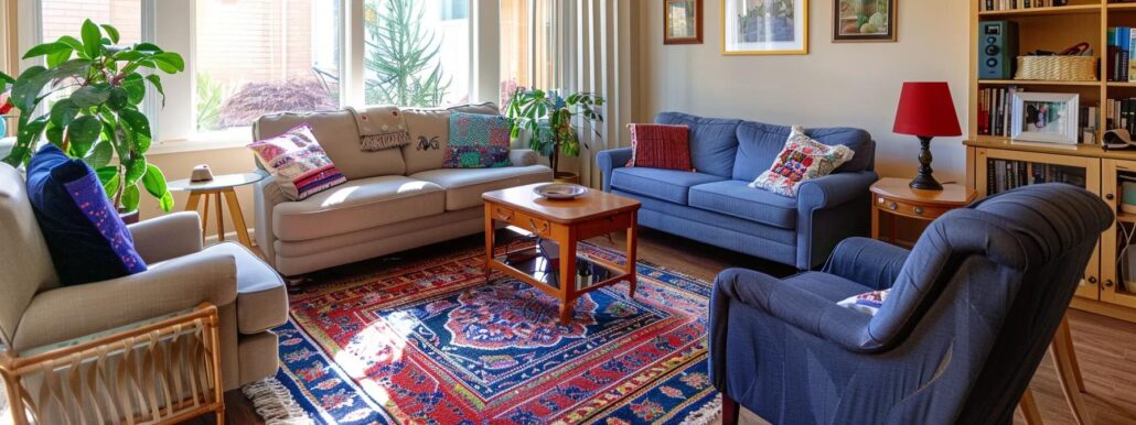 a cozy, well-organized living room with colorful safety modifications, including grab bars, non-slip rugs, and accessible furniture, reflecting a secure and inviting environment for care recipients.