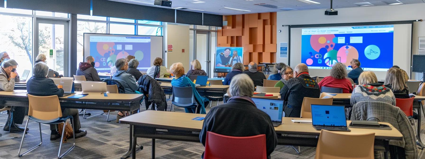 a vibrant and engaging classroom setting filled with diverse seniors actively participating in a digital learning workshop, surrounded by interactive screens displaying educational content, vividly illustrating the empowerment of lifelong learning.