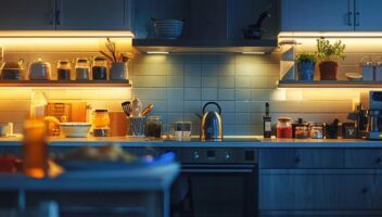 a modern, well-organized kitchen showcases essential home care safety tips, featuring visible childproof locks, non-slip mats, and safety labels on appliances, all illuminated by warm, bright lighting.