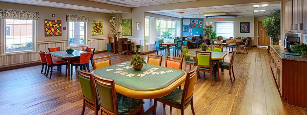 a vibrant activity room in an assisted living community showcases seniors engaging in a lively game of cards, surrounded by colorful decorations and uplifting group projects that promote social interaction and well-being.