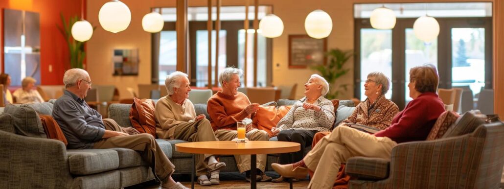 a warm and inviting assisted living community common room filled with engaged seniors sharing laughter and conversation over a cozy coffee table, illuminated by soft pendant lighting, showcasing the essence of vibrant social connections.