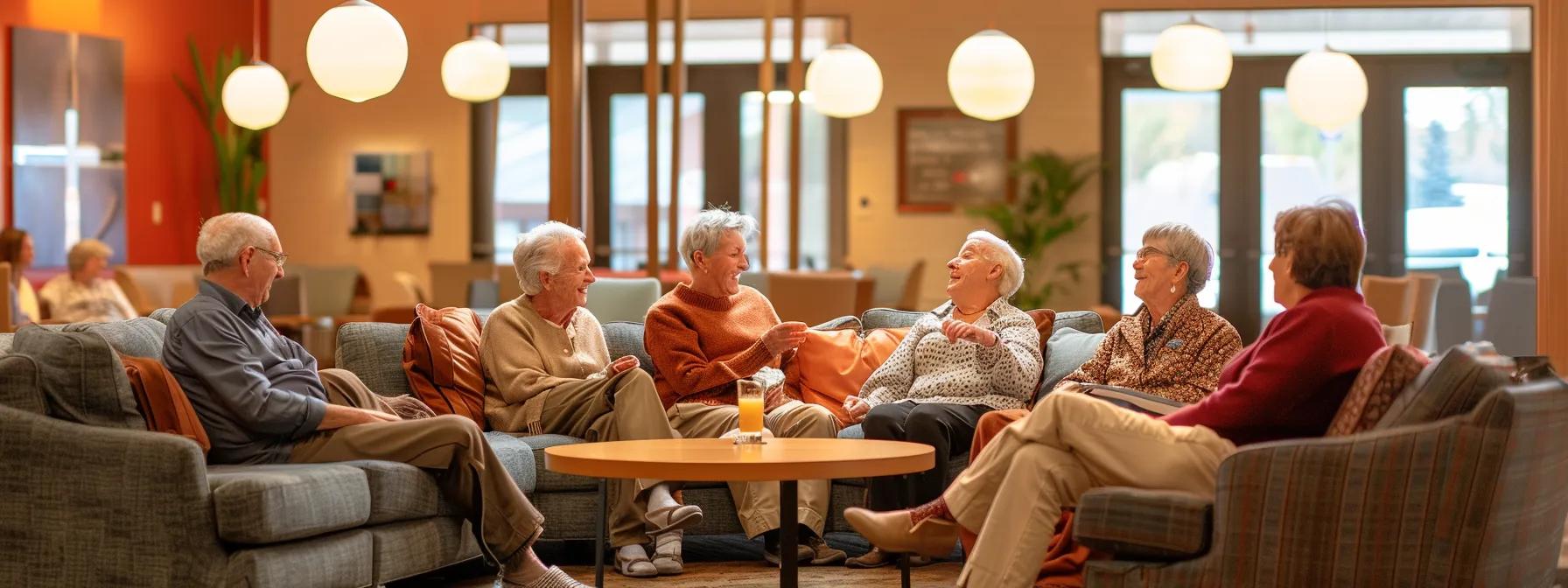 a warm and inviting assisted living community common room filled with engaged seniors sharing laughter and conversation over a cozy coffee table, illuminated by soft pendant lighting, showcasing the essence of vibrant social connections.