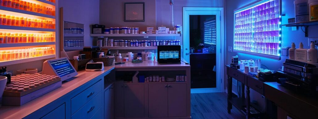 a well-organized home care setting features a neatly arranged medication station with labeled pill organizers and a digital medication management device, illuminated by warm indoor lighting to emphasize safety and precision in medication handling.