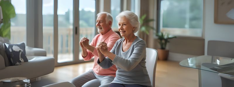 senior couple doing chair exercise