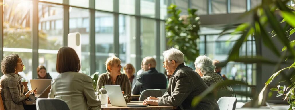 a bright, modern online learning environment filled with engaged older adults gathered around laptops, actively discussing their experiences and the diverse course topics being explored, framed by sleek, minimalistic office decor.