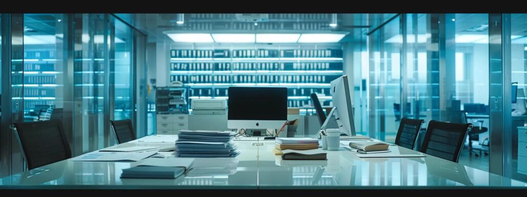 a sleek, modern office space is filled with organized paperwork and digital devices presenting a seamless flow of communication, embodying a professional atmosphere focused on the critical coordination of healthcare logistics during a transition.