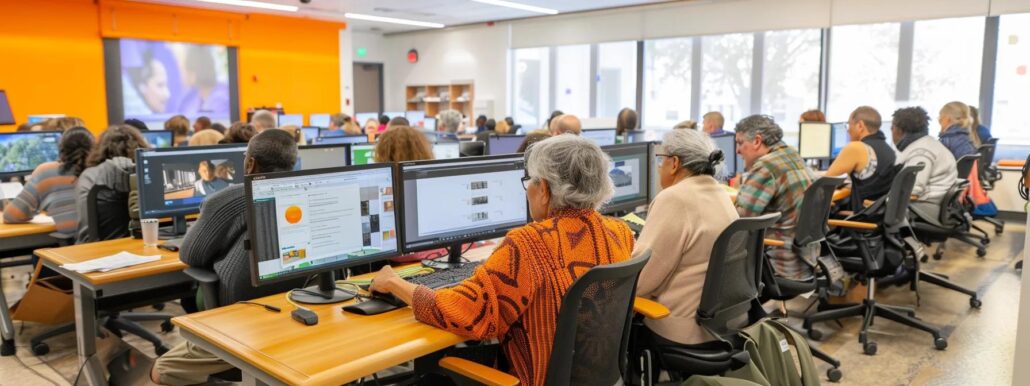 a vibrant and engaging classroom filled with older adults actively participating in an online course, surrounded by computers and digital screens, showcasing their enthusiasm for lifelong learning in a modern educational setting.