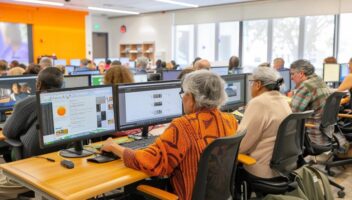 a vibrant and engaging classroom filled with older adults actively participating in an online course, surrounded by computers and digital screens, showcasing their enthusiasm for lifelong learning in a modern educational setting.