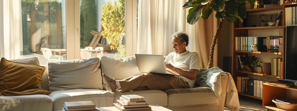 a vibrant, engaging scene in a bright, modern living room where a senior is immersed in an online course on a sleek laptop, surrounded by books and a tablet, showcasing the dynamic interaction of lifelong learning through digital connectivity.