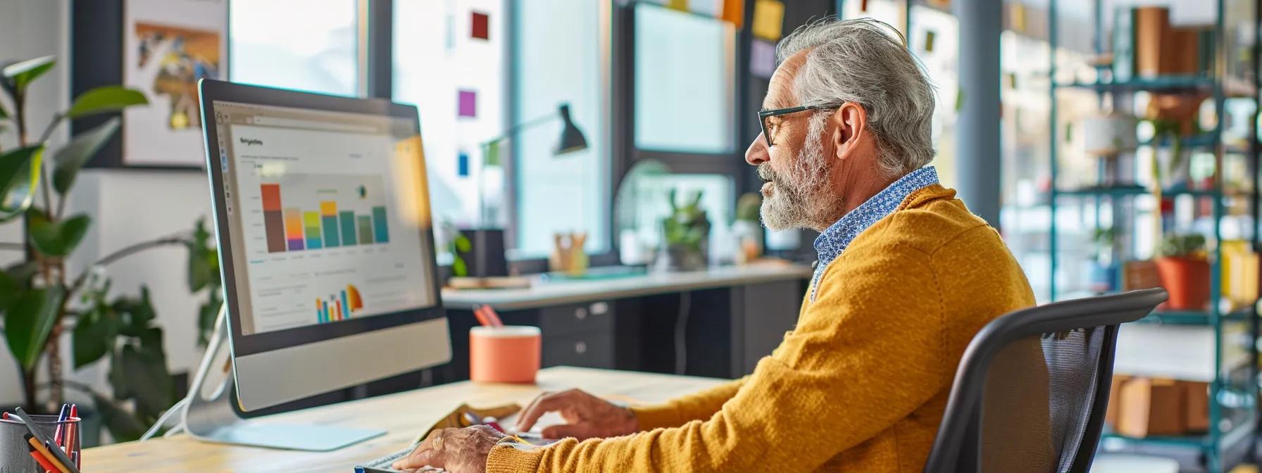 a vibrant, modern office setting features an older adult engaging with a large computer screen displaying an accessible online learning platform, complete with intuitively designed navigation tools and clear instructional videos, highlighting the importance of inclusivity in education for seniors.