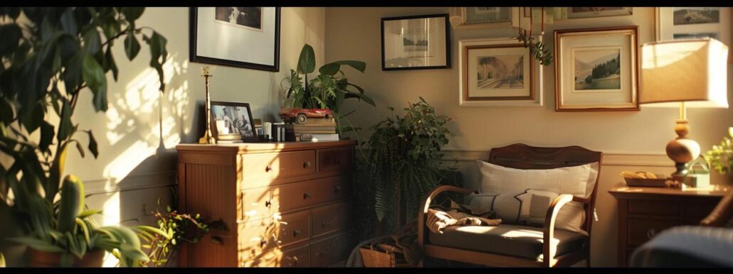 a warm and inviting assisted living space showcases thoughtfully arranged furniture alongside personal mementos and cherished photographs, creating a comforting and homely atmosphere that bridges nostalgia with modernity.