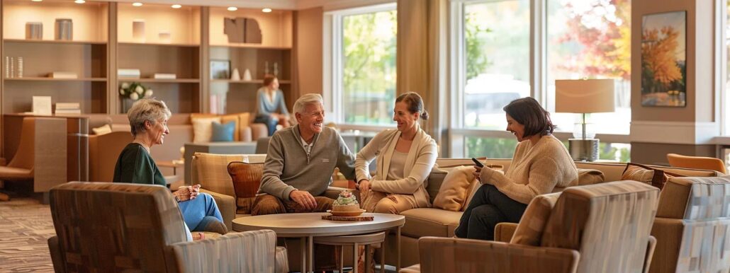 a warm and inviting interior of an assisted living community, featuring a cozy lounge area with smiling family members engaging with their loved one, conveying a sense of connection and emotional support during the transition.
