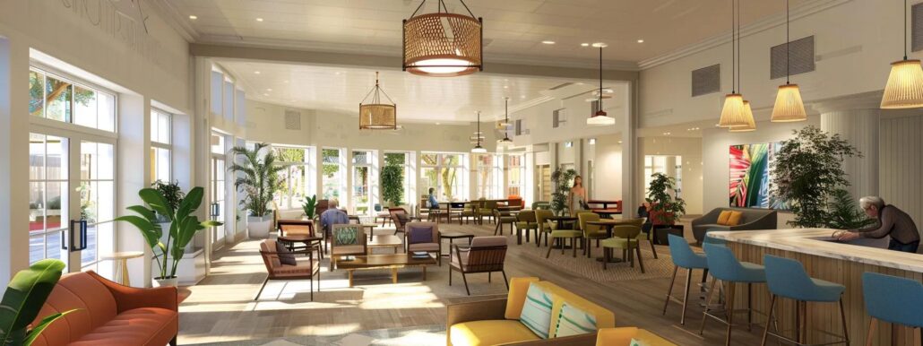 a warm, inviting assisted living common area features comfortable seating, engaged residents sharing stories, and bright, cheerful decor, emphasizing community and comfort during the transition.