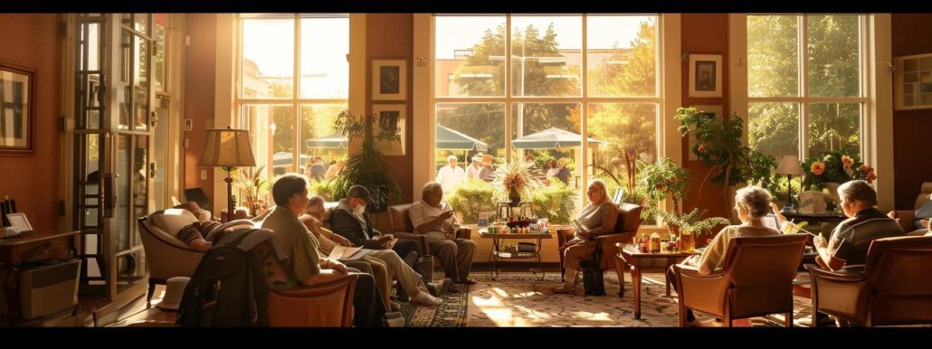 a warm, inviting communal lounge in an assisted living facility, filled with engaged residents participating in a lively arts and crafts activity, emphasizing connection and socialization in a vibrant, supportive environment.