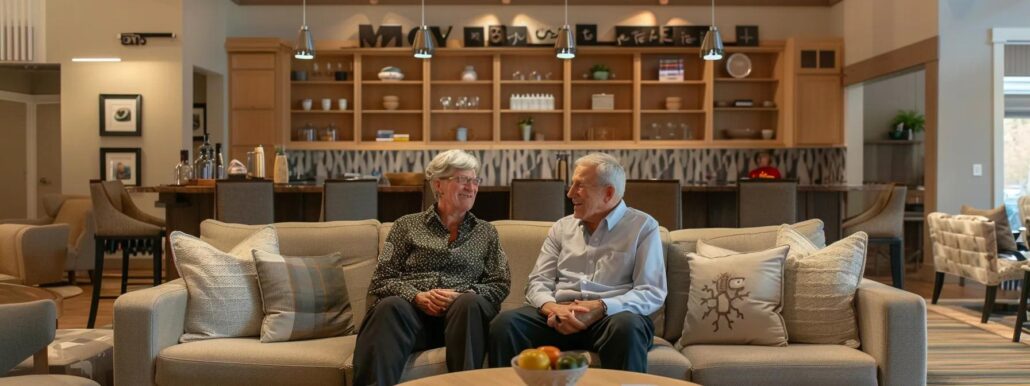 a warm, inviting interior of an assisted living facility displays a cozy common area adorned with comfortable seating and engaging decor, where an elderly couple converses amicably, embodying the supportive transition to a new phase of life.