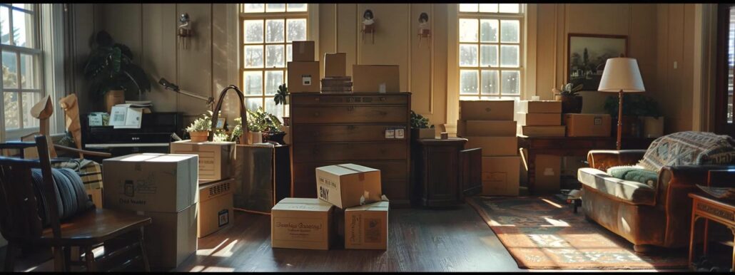 a well-organized moving scene in a cozy assisted living room, featuring neatly packed boxes labeled with essentials, a professional mover carefully arranging items, and a warm atmosphere that emphasizes the transition to a new chapter in life.