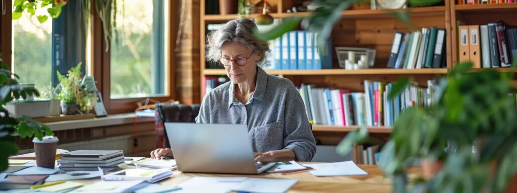 an inviting and organized home office scene featuring a senior adult thoughtfully reviewing online course materials on a laptop, surrounded by notes, a tablet, and an array of reputable course brochures, highlighting the importance of informed learning choices.