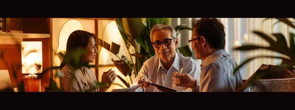 a polished office setting features a confident financial advisor discussing long-term care insurance options with a concerned couple, illuminated by warm, artificial lighting that highlights the seriousness of their conversation.