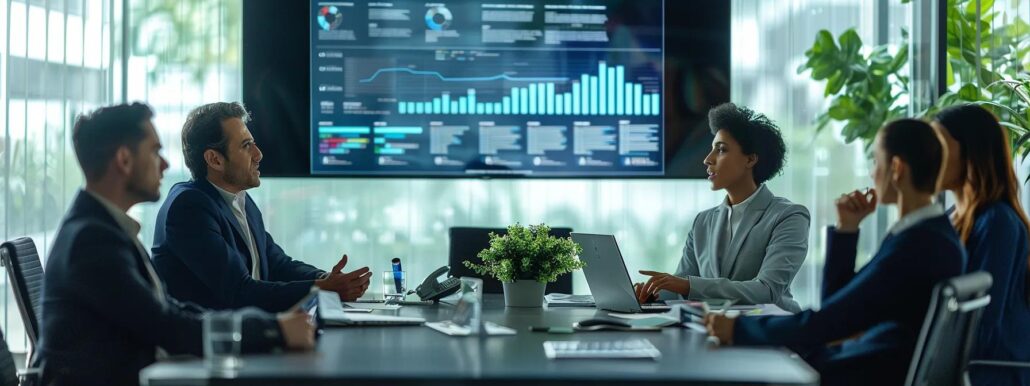 a professional, modern office setting features a diverse group of individuals engaged in an animated discussion around a sleek conference table, with charts and documents on long-term care insurance options displayed on a large screen in the background, emphasizing collaboration and informed decision-making.