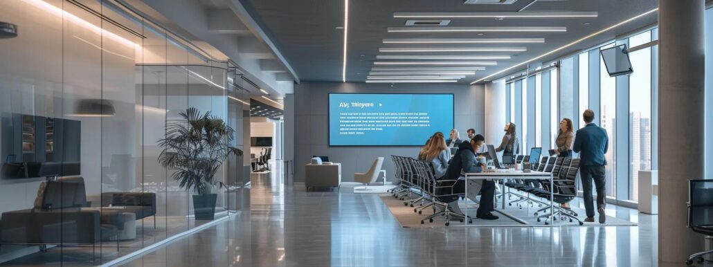 a sleek, modern office space filled with engaged professionals discussing long-term care insurance, featuring a large screen displaying key misconceptions to debunk, illuminated by bright overhead lights to emphasize a proactive atmosphere.
