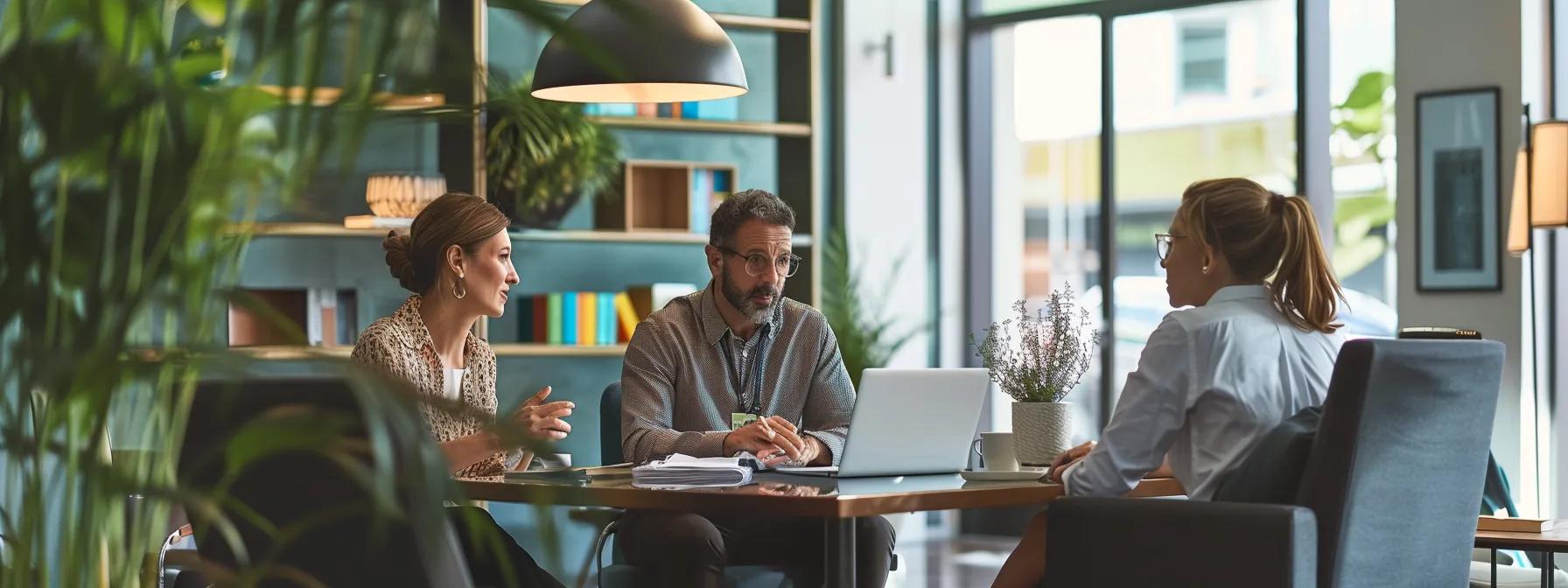 a sleek office setting showcases a confident financial advisor discussing long-term care insurance options with an engaged couple, surrounded by modern technology and neatly organized documents.