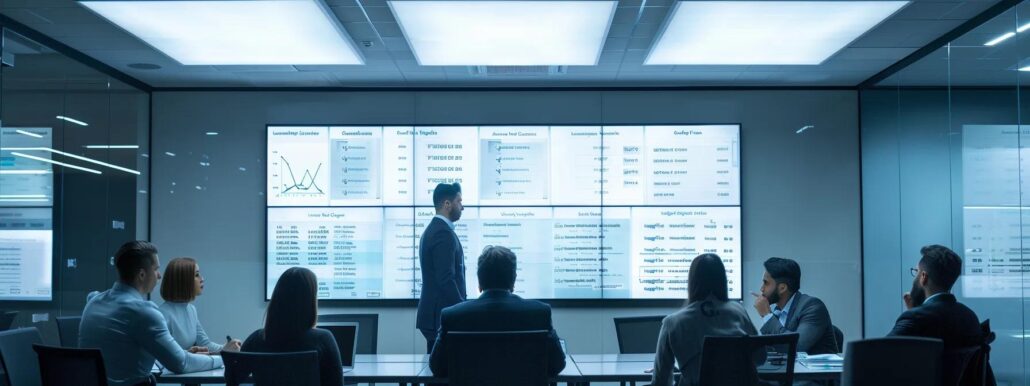 an organized, modern office conference room filled with professionals engaged in a focused discussion, illuminated by bright overhead lighting and featuring a large digital display showcasing a detailed chart of long-term care insurance options and a checklist for policy selection.