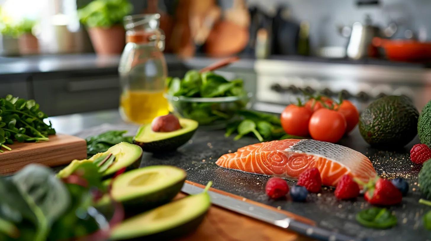 a vibrant and neatly arranged kitchen countertop showcases five heart-healthy ingredients—avocado, quinoa, salmon, berries, and spinach—under warm, ambient lighting, emphasizing their importance in promoting elderly nutrition.