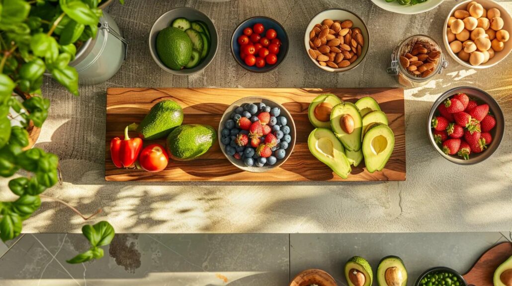 a vibrant, neatly arranged kitchen countertop showcases an array of heart-healthy ingredients, such as avocados, almonds, and berries, emphasizing their nutritional benefits for the elderly in a warm, inviting indoor setting.