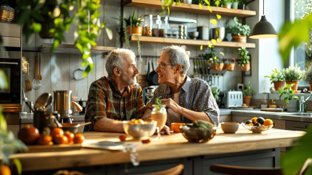 an elderly couple engages in an animated discussion around a modern kitchen island, surrounded by vibrant heart-healthy recipe books and digital devices displaying nutritional resources, highlighting the importance of community support in maintaining a nutritious lifestyle.