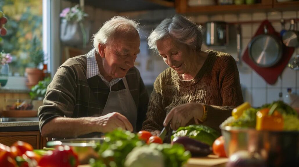 a vibrant kitchen scene featuring a senior couple thoughtfully preparing a heart-healthy meal, surrounded by colorful fresh vegetables and nutritional guides, emphasizing the importance of diet in managing health conditions.