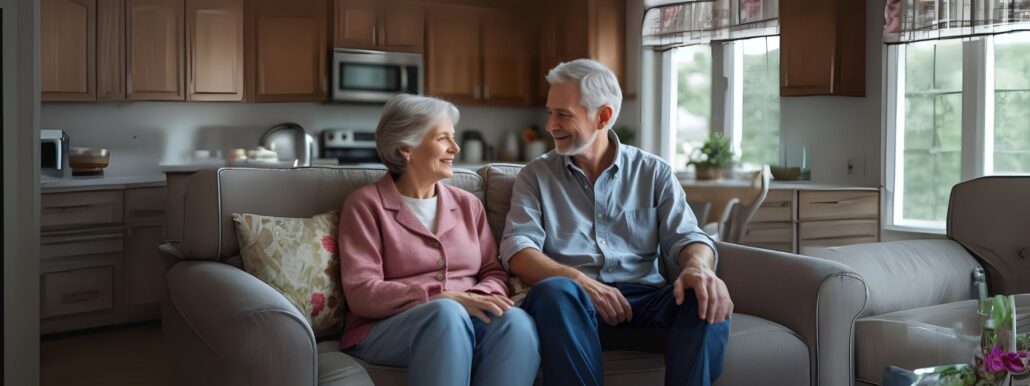 a male and female seniors looking and talking to each other
