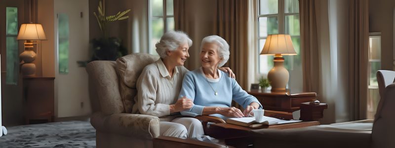 two senior female talking while sitting on the couch