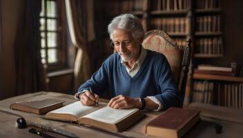 senior man reading and writing in a book