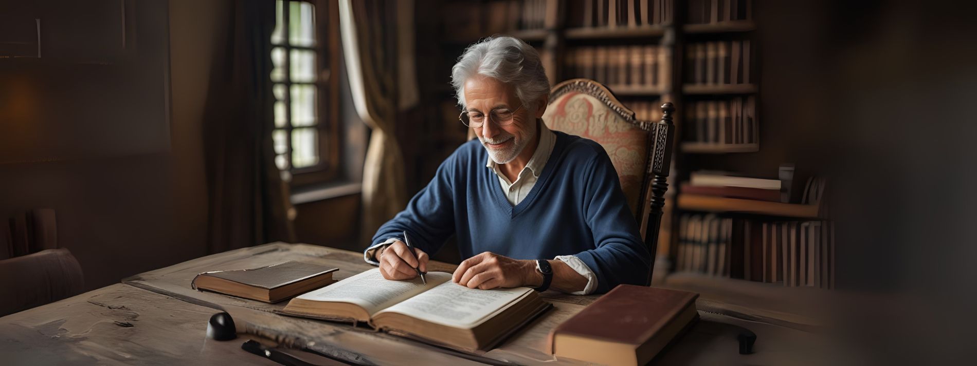 senior man reading and writing in a book