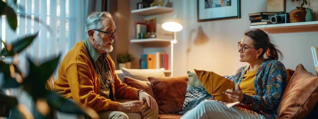 a cozy, well-organized home care setting featuring a focused caregiver attentively discussing a customized medical care plan with a patient, surrounded by essential health tools and comfortable furnishings, highlighting the critical importance of home-based recovery after a hospital stay.