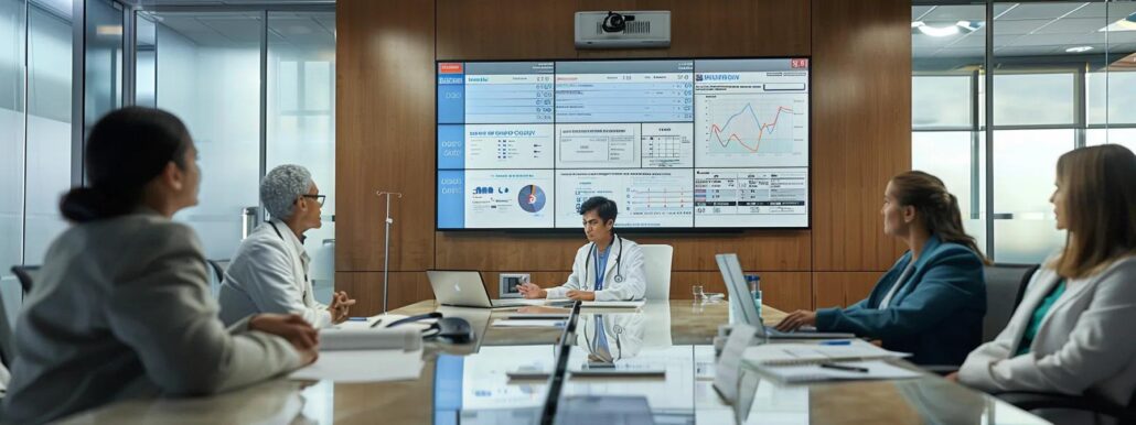 a focused hospital conference room showcases a healthcare team discussing patient discharge plans around a sleek table, with charts and care strategy documents spread out, capturing the essence of collaborative pre-discharge preparations.