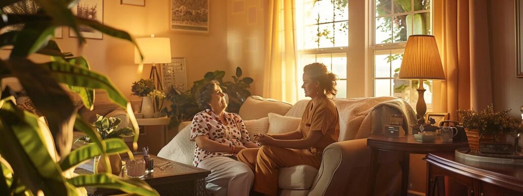 a warm, inviting home care setting showcases a comfortable living room with a nurse attentively assisting a patient, emphasizing the supportive transition from hospital to home care.