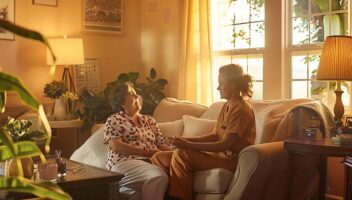 a warm, inviting home care setting showcases a comfortable living room with a nurse attentively assisting a patient, emphasizing the supportive transition from hospital to home care.