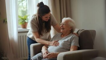 Caring family member helping elderly loved one in a cozy home environment