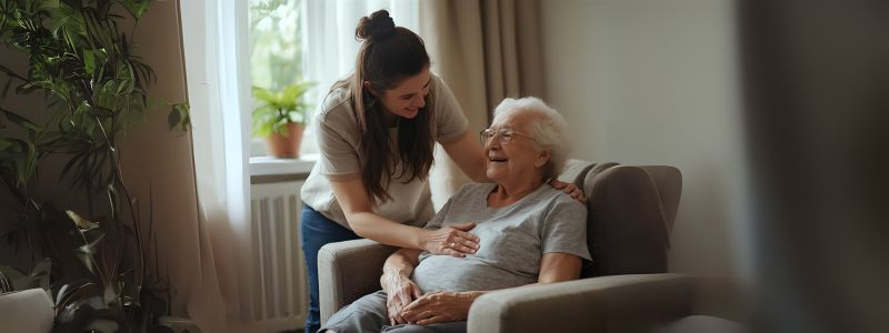 Caring family member helping elderly loved one in a cozy home environment