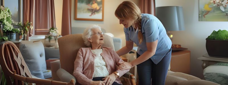 Senior receiving assistance from a caregiver in a memory care facility