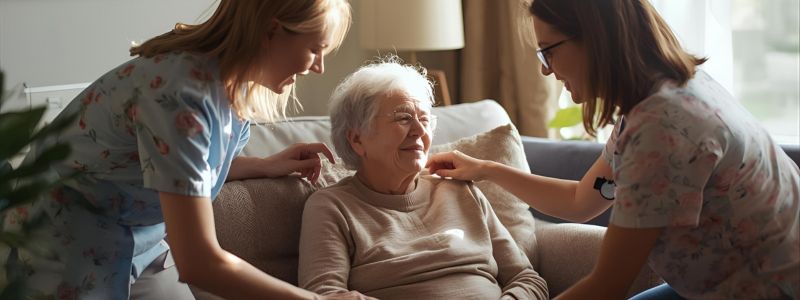 Hospice care environment with a nurses providing compassionate support to a patient