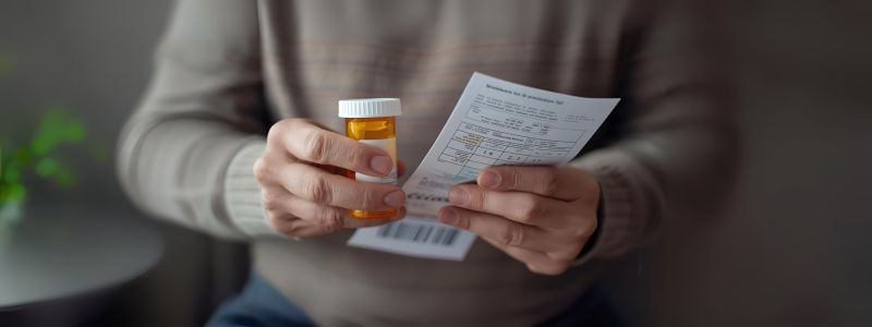 Person holding prescription medication bottle and medical paperwork, illustrating medical expense deductions for seniors.