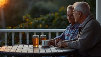 two male senior talking outside the house while drinking tea