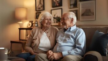 couple sitting on a couch talking
