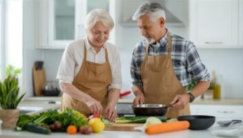 Seniors preparing a meal together in a kitchen, surrounded by fresh vegetables, emphasizing healthy eating and community in assisted living.