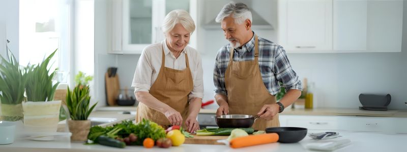 Senior couple cooking together in a bright kitchen with fresh produce, emphasizing healthy meal preparation