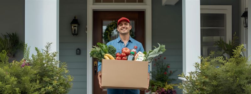 delivery guy holding groceries standing in front house of a senior