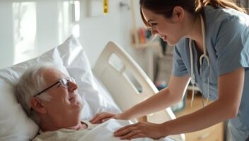 Hospice caregiver providing compassionate pain management to an elderly patient in a cozy room