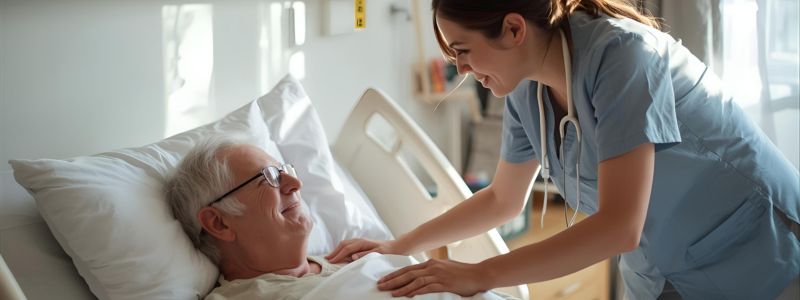 Hospice caregiver providing compassionate pain management to an elderly patient in a cozy room